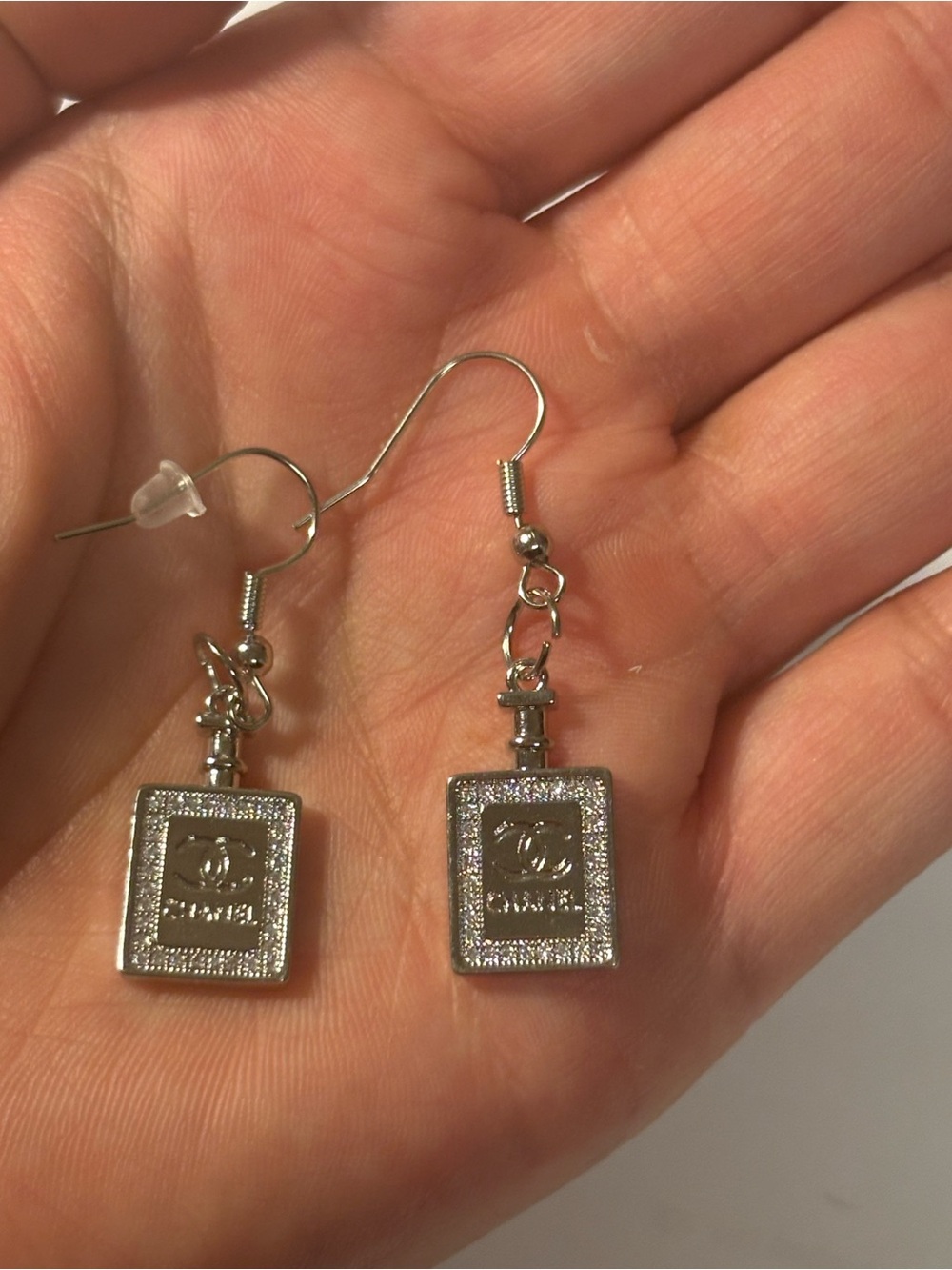 Silver Tone Perfume Bottle Drop Chanel Earrings